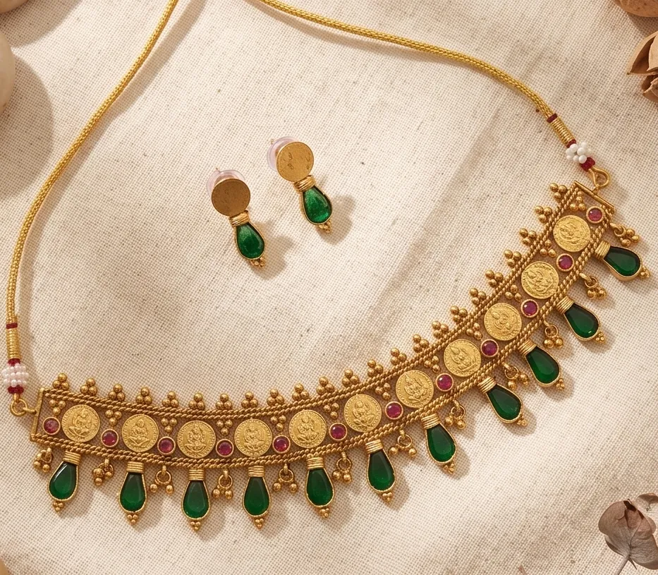 Emerald-Drop Lakshmi Coin Choker Set